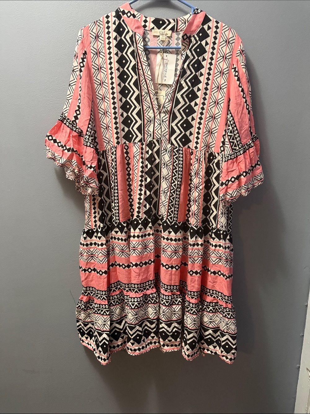 Easel Coral & Black Aztec Tiered Mini Dress